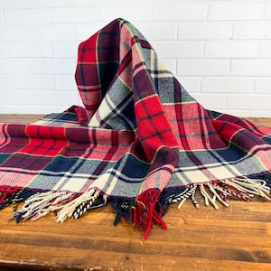 Vintage Plaid Wool Blanket with Fringe – Red, Blue, Cream, Green & Yellow Tartan Throw – Cozy Mid Century Lap Blanket or Cabin Decor