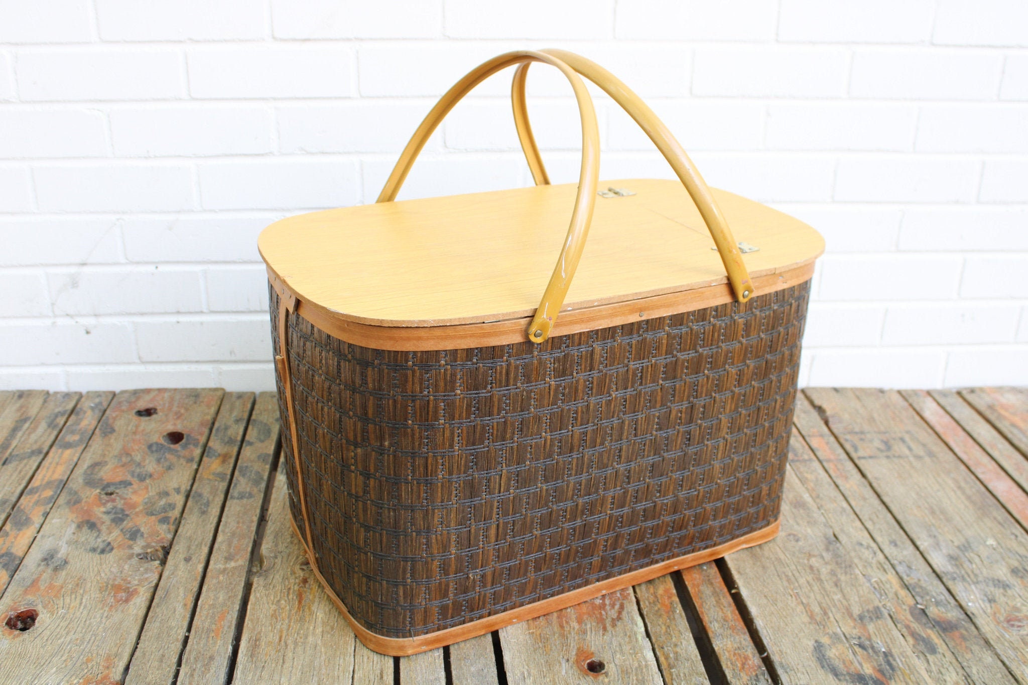 Vintage Woven Picnic Basket with Interior Shelf Hinged Lid & Etsy