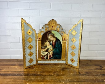 15" Large Vintage Triptych Gesso Gilt Wood Madonna of the Book by Botticelli Religious Icon Plaque Made in Italy Religious Icon Plaque