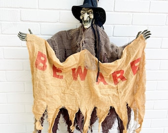 Vintage Hanging Halloween Witch Beware Sign | Light Up Witch Decoration | Spooky Haunted House Wall Prop