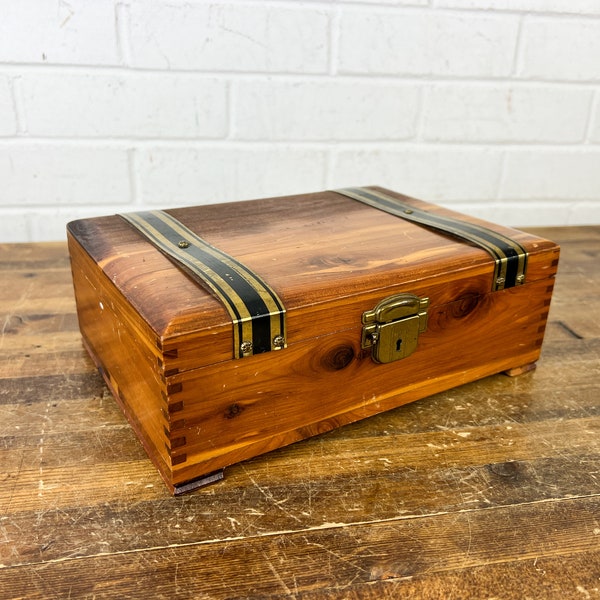 Vintage Cedar Box with Lid and Gold Metal Accents Small Brown Wood Rectangle Box with Hinged Lid