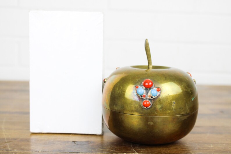 Vintage Brass Fruit Container Bowl with Lid with Blue and Red Gemstones Stamped India