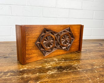 Vintage Hand-Carved Wood Trinket Box | Sliding-Lid Wooden Keepsake Box with Geometric Carving | Small Artisan Wood Box