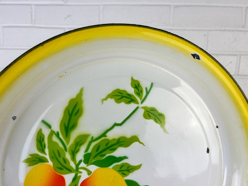 Puede incluir: Un plato de esmalte blanco con un borde amarillo y un dise&ntilde;o pintado de hojas verdes y frutas amarillas y naranjas.