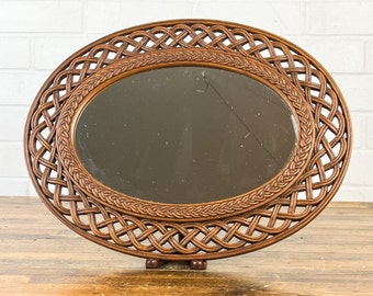 17" Vintage Boho Wall Mirror Oval Brown Wall Decor with Faux Wicker Molded Plastic Round Mirror Horizontal Vertical