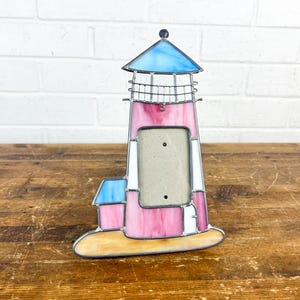 Vintage Stained Glass Lighthouse Picture Frame – Wallet Size Photo 2x3 Inch Frame Pink, White & Blue Nautical Photo Holder with Hanger