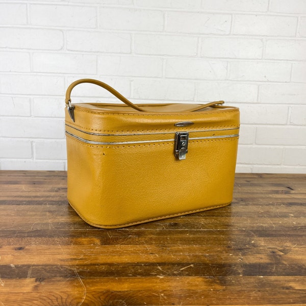 Vintage Yellow Sears Featherlite Train Case Luggage with Silver Accents Authentic Travel Makeup Case