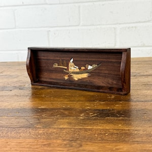 Decorative Vintage Wood Tray Inlaid with Woman Paddling on Boat
