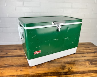 Vintage 1980s Coleman Cooler Green White Ice Chest | Retro Camping Cooler w Tray Drain | Rustic Camp Decor Prop