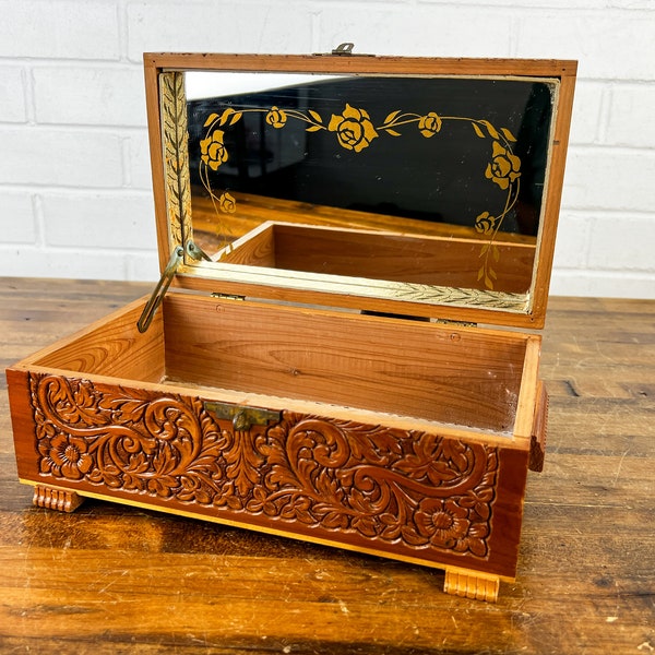 11x6" Vintage Carved Cedar Box with Lid Mirror Inside Decoupage Lake Scene Small Brown Wood Rectangle Box with Hinged Lid