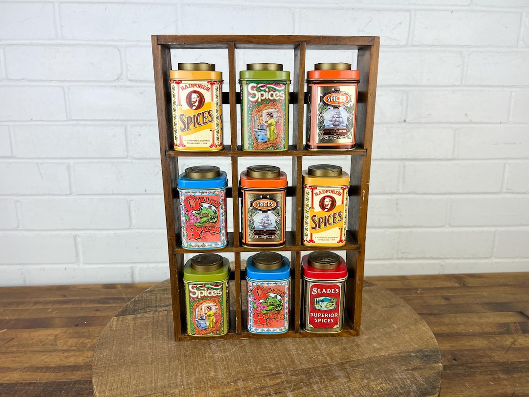 Retro Spice Rack Vintage Wooden Spice Rack With Metal Spice Tins Spice Shelf With 9 ...