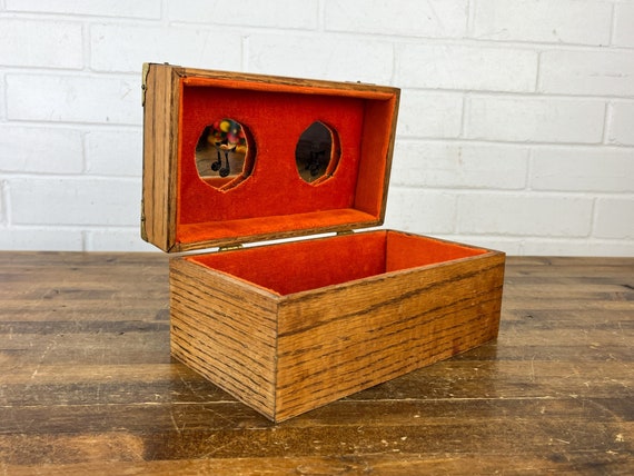 Vintage Wood Jewelry Box With Hinged Lid Small Brown Orange Velvet