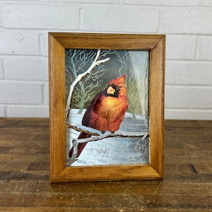 Vintage Red Cardinal Foil Art Print in Frame Framed Red Bird Wall Art Cardinal in Tree Winter Scene with Snow