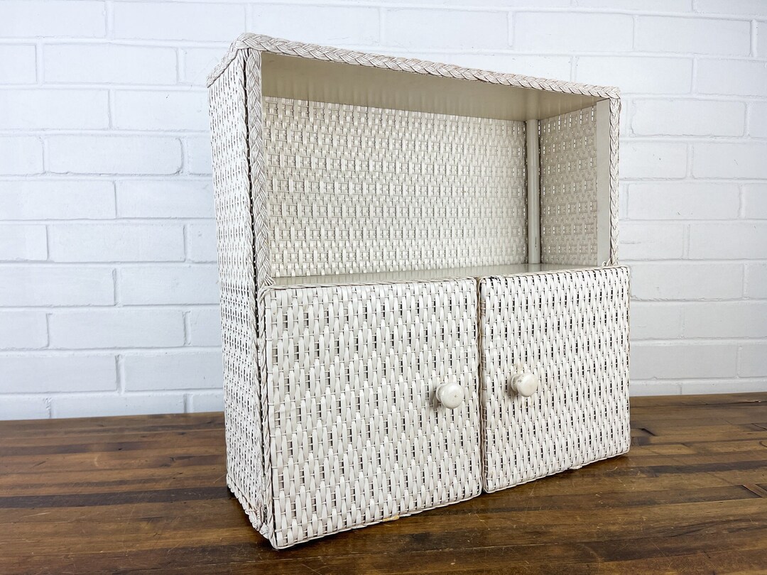 Vintage White Wicker Hanging Wall Shelf With Compartment and Door