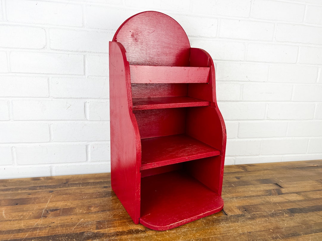 18 Vintage Red Wooden Tabletop Shelf With 3 Open Shelves Red Wood