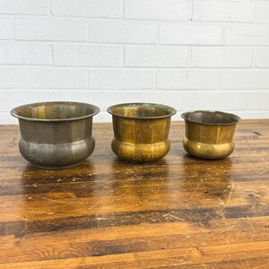 Set of 3 Distressed Vintage Brass Planters – Golden Brass Pots, Rustic Boho Home Decor