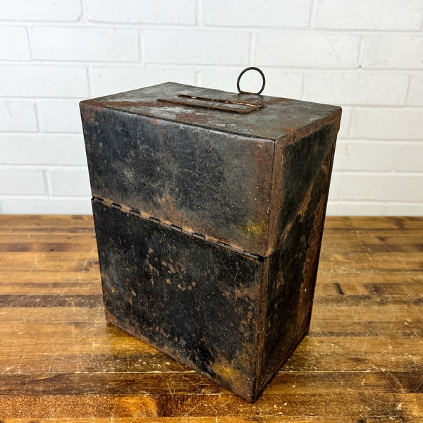 Vintage Black Distressed Metal Box Lid File Box Holds Paper Industrial Black Old Container