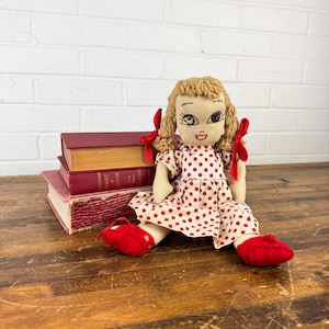 Vintage Handmade Rag Doll – Blonde Pigtails, Red Polka Dot Dress, Folk Art Style One-of-a-Kind