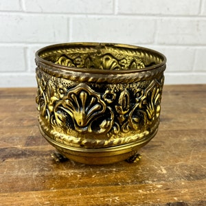 Vintage Small Brass Container with Claw Feet Made in England Ornate Pattern Round Metal Planter Pot Display