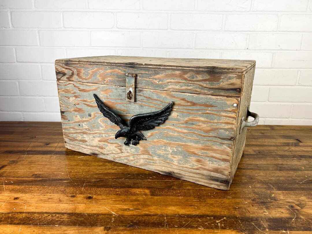 Distressed Vintage Wooden Crate Box With Lid and Black Metal Eagle ...