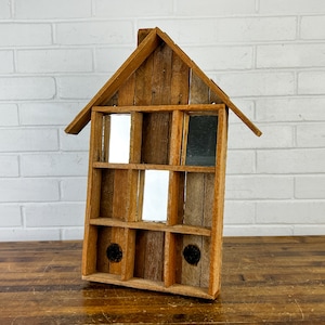 20x15&quot; Vintage Brown Wood Knick Knack Display Shelf Shaped Like House Shape Cubby Display Shelf Wooden Home Shelf Shadow Box