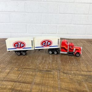 Vintage Red Semi Truck with Trailer STP Truck Diecast 1980s Metal Car Toy Diecast Toys Made In Hong Kong