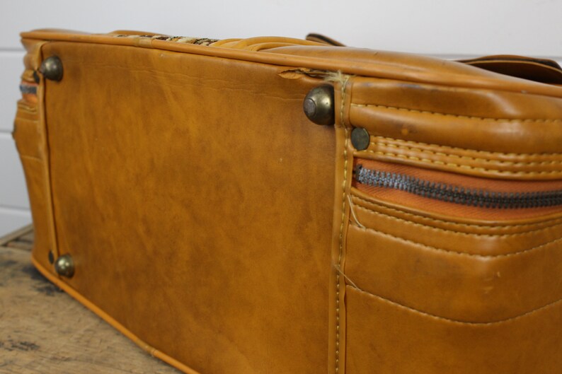 Vintage Tan Suitcase with Flap Buckle /& Fabric Front Kickass Suitcase! Soft Sides