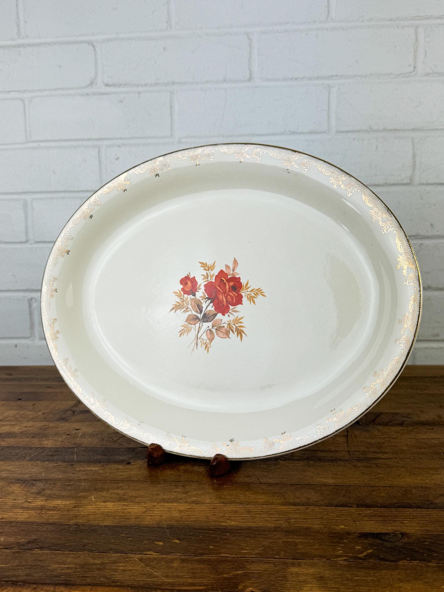 Vintage Floral Serving Platter With Red Roses and 22K Gold Edge