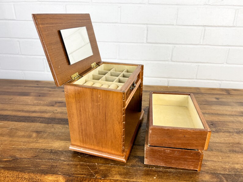 Vintage Wooden Jewelry Box With Drawers and Mirror Authentic Etsy