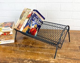 Vintage Atomic Era Black Wire Mesh Book Holder | Mid Century Magazine Rack | Industrial Metal Book Organizer | MCM Office Decor
