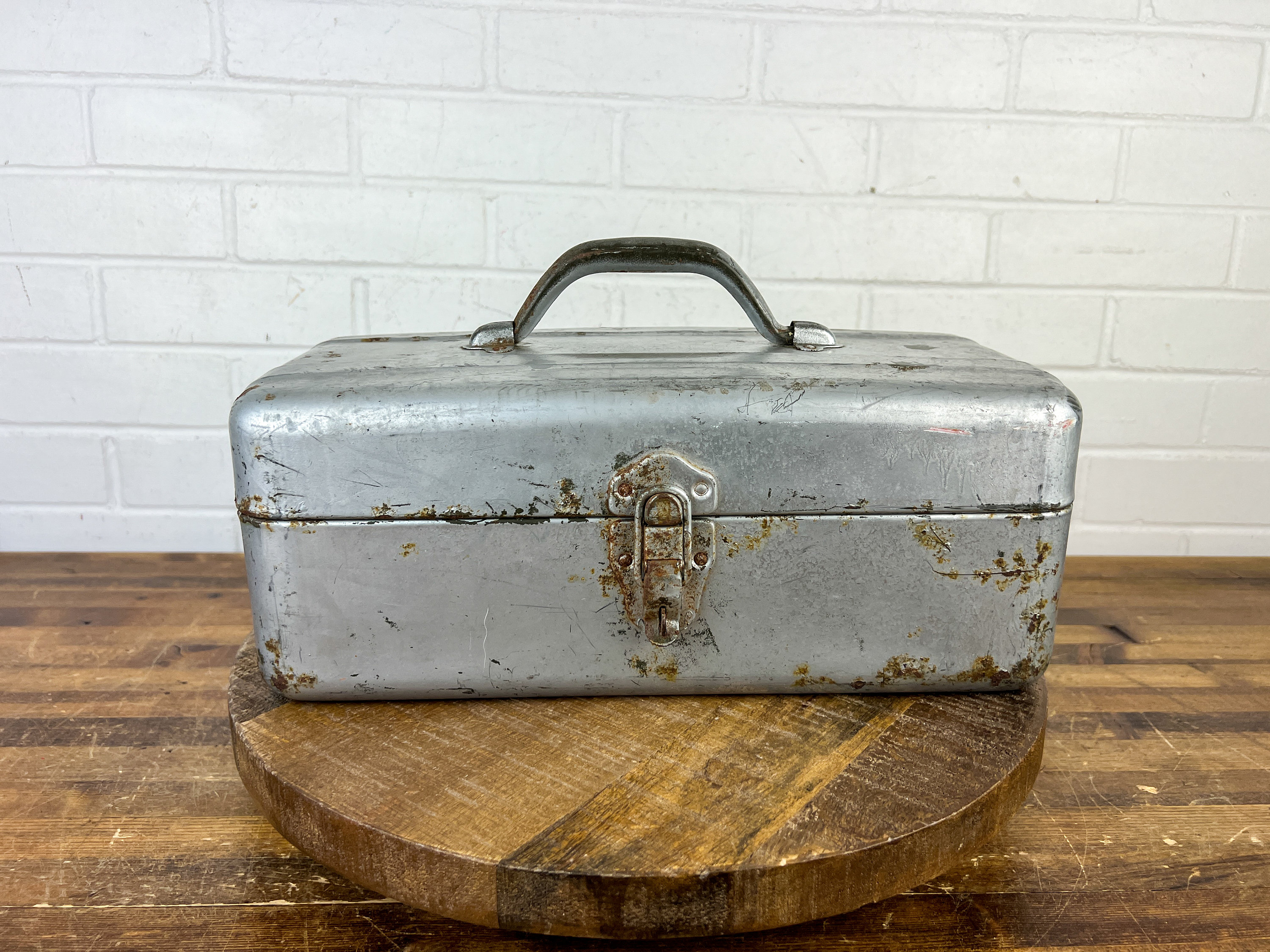 Distressed Vintage Silver Metal Tackle Box Old Fishing Gear Metal
