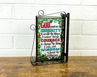 Vintage Glass Serenity Prayer Plaque • Made in Japan • Religious Tabletop Decor with Metal Frame