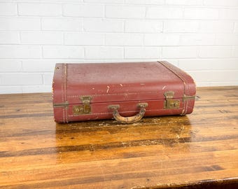 Vintage Towncraft Suitcase 1950s | Burgundy Hardshell Luggage | Distressed Travel Case | Rustic Decor Wedding Prop | Antique Style Storage