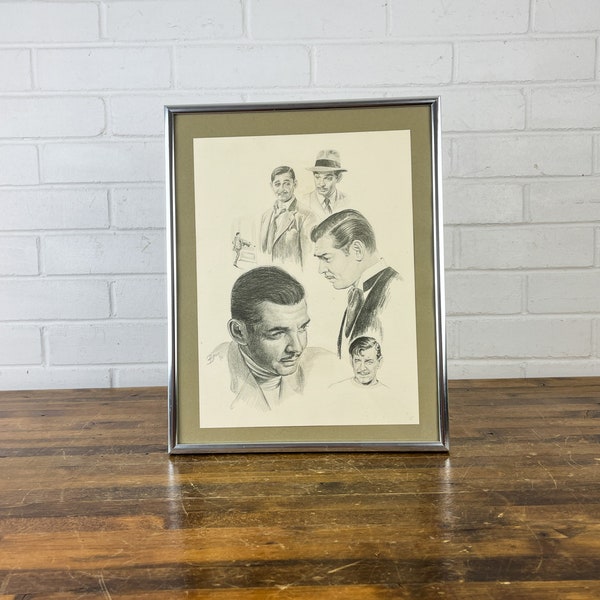 1970s 14x11" Vintage Framed Clark Gable Print by Glen Fortune Banse 1976 Lithograph Print Framed