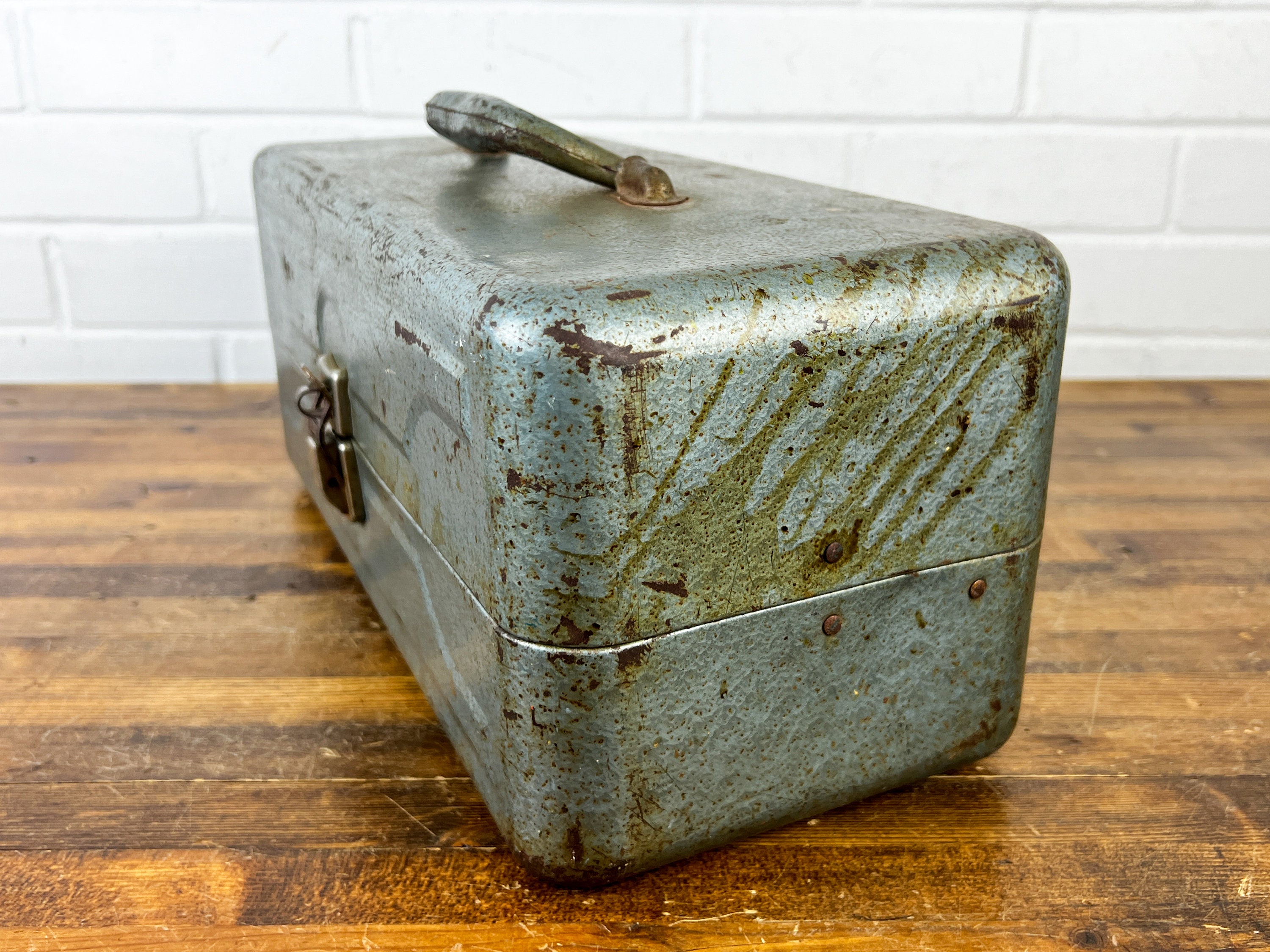 Distressed Vintage Blue Metal Tackle Box Old Fishing Gear Metal
