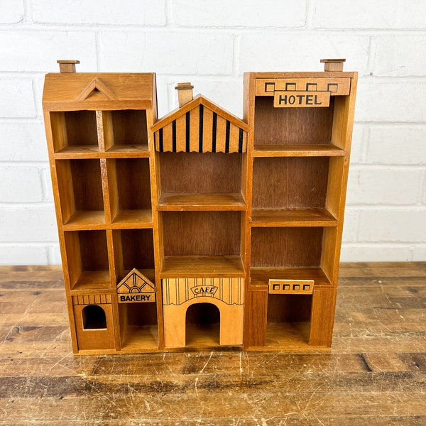 Vintage House Shape Curio Cabinet with 14 Cubbies Trinket Holder Various Size Holes Wood Wooden Shadow Box Cubby Shelf