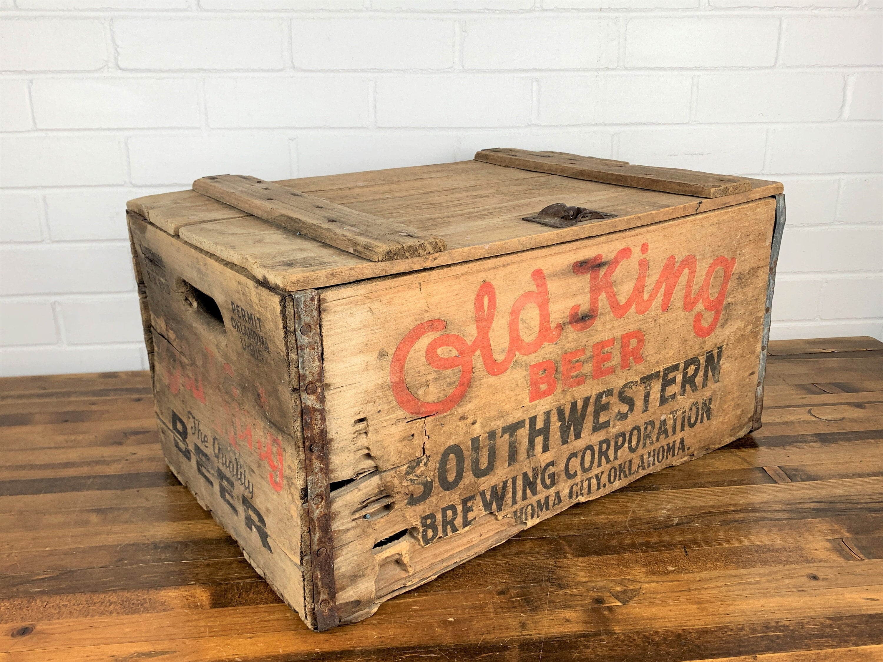 Antique Wood Old King Beer Crate Box With Hinged Lid Authentic