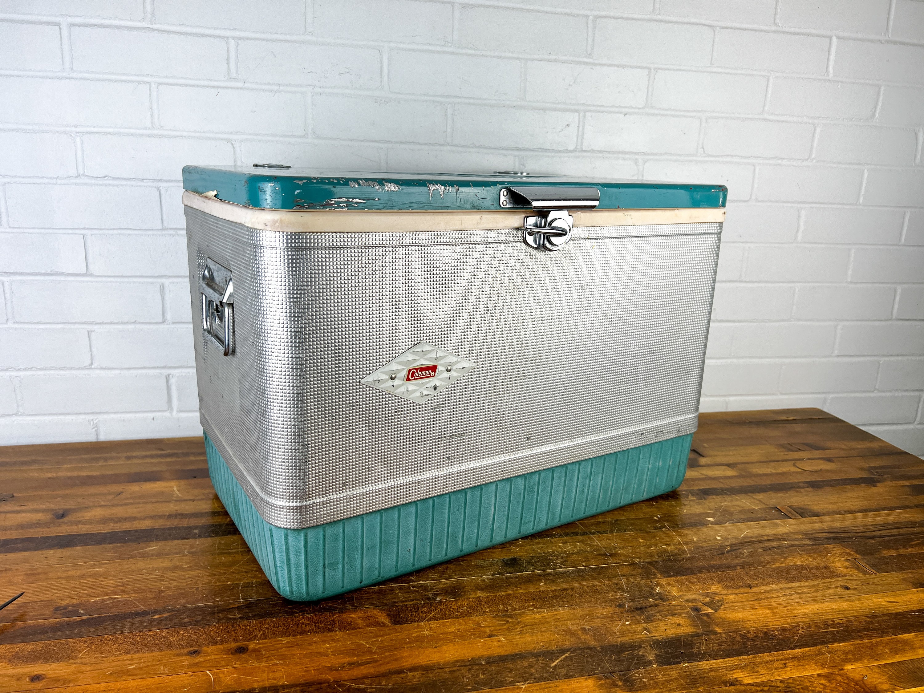 1960s Vintage Silver & Blue Metal Cooler Coleman Ice Chest Cooler