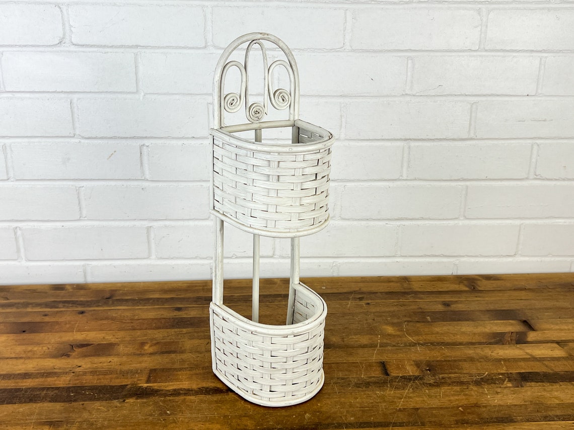 Small Vintage White Wicker Wall Shelf With 2 Pockets Hangs or Etsy