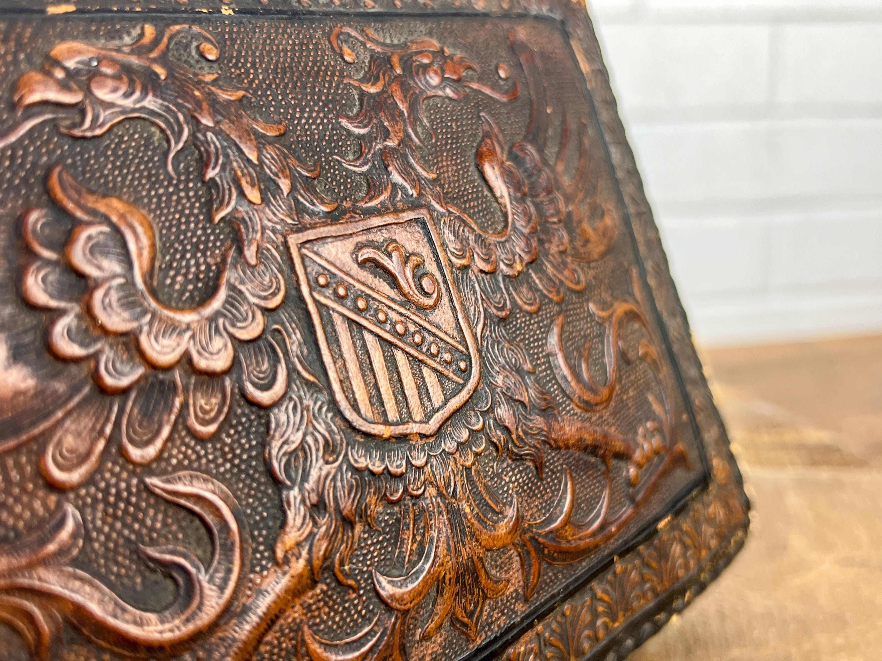 Vintage Faux Leather Covered Box With Lid and Coat of Arms