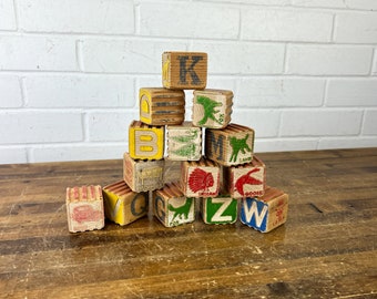 14 Distressed Vintage Wooden Letter Blocks Vintage Wood ABC Blocks Square Toy Blocks Old Wooden Toy Blocks for Kids with Alphabet