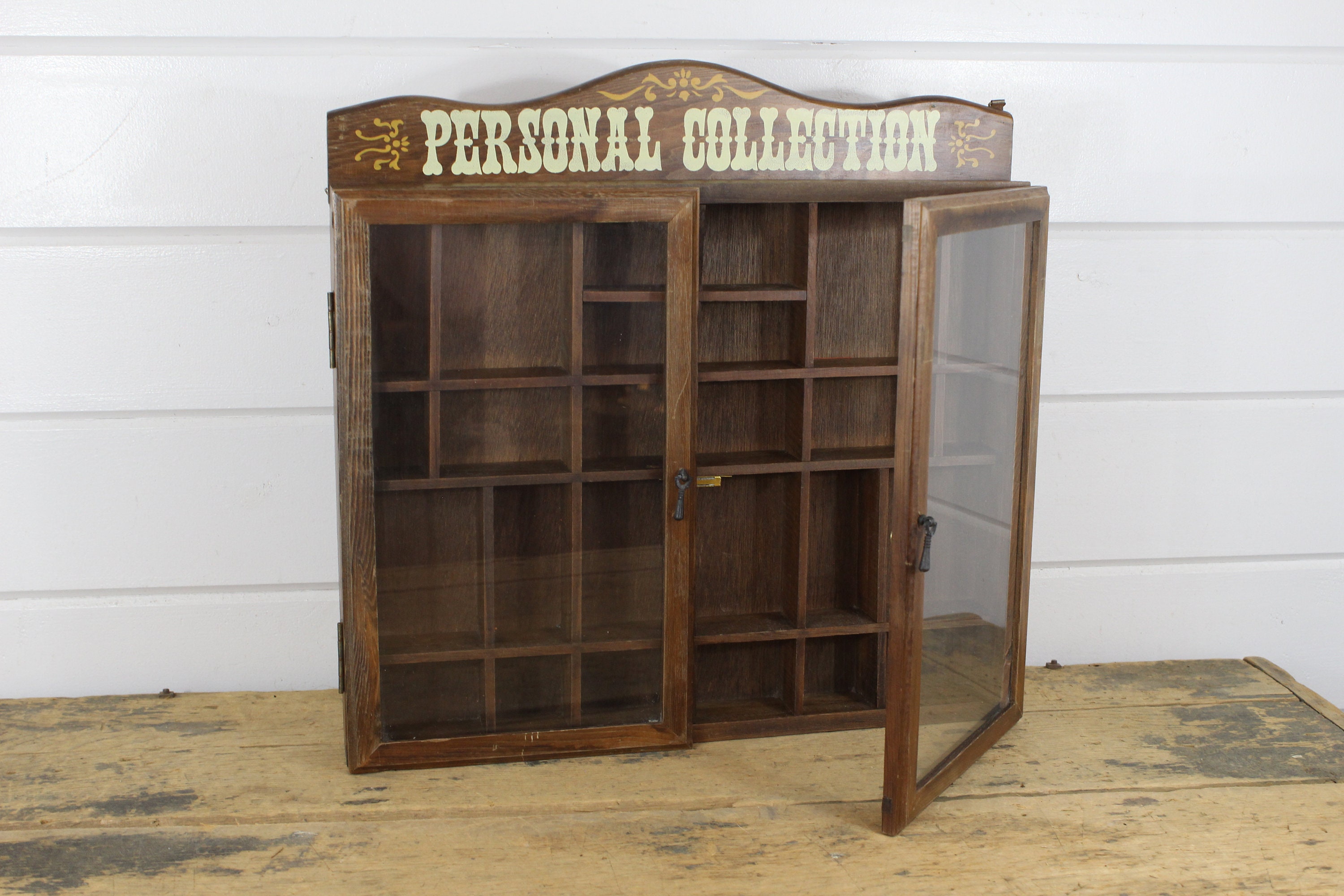 Vintage Personal Collection Curio Cabinet Glass Doors 26 Slots Cubbies 17 By 16 Wall Hanging Trinket Holder Various Size Holes Old