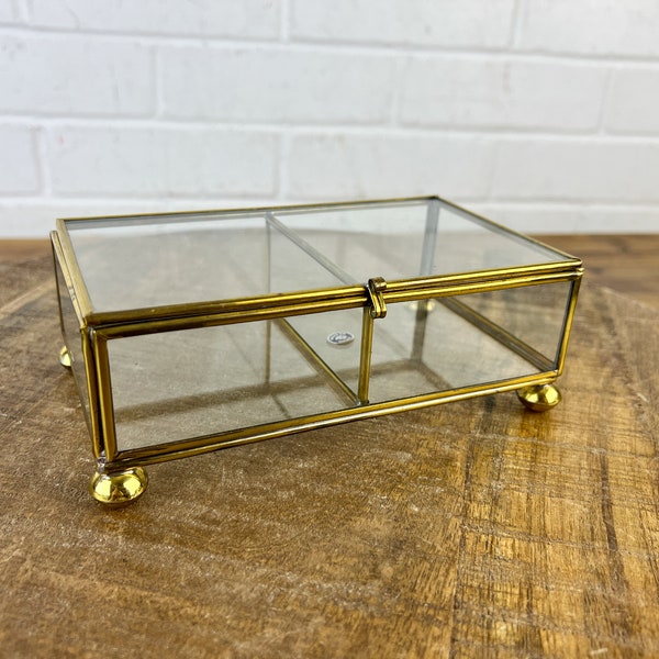 Vintage Decorative Gold Metal Clear Glass Box Trinket Container Jewelry Casket See Through Box Made in Mexico