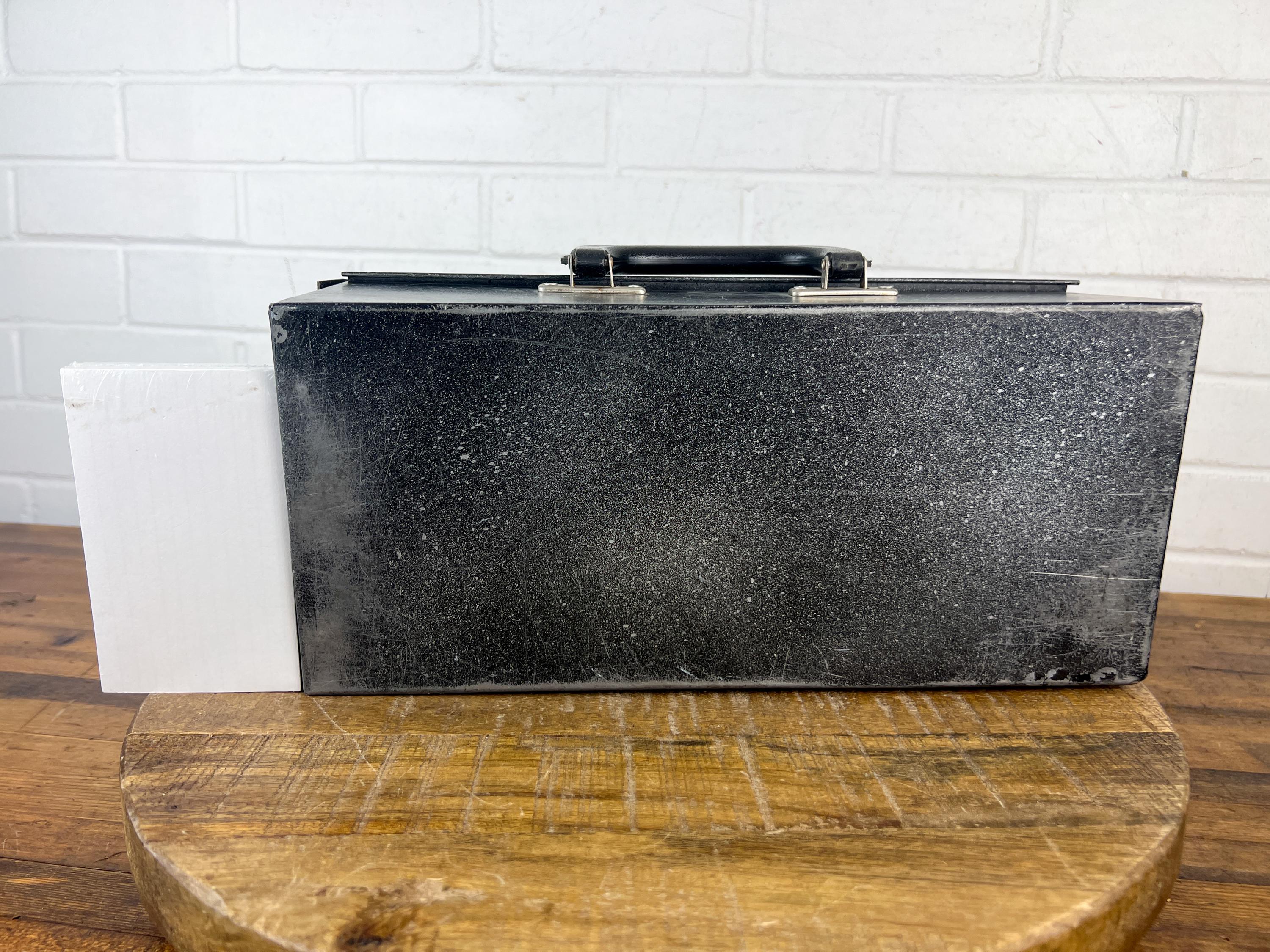 Vintage Speckled Black Metal Box With Handle, Industrial Storage