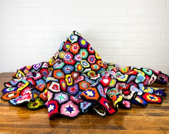 Vintage Crochet Granny Square Afghan: Colorful Hexagon Bedding, Boho Decor
