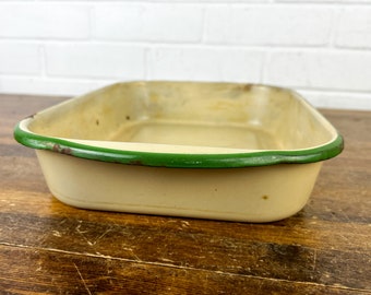 Vintage Enamelware Tan/beige and Green Metal Small Dish Pan, Metal