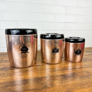 3 Piece Vintage Metal Canister Set West Bend Kitchen Canisters for Sugar Coffee and Tea Round Canister