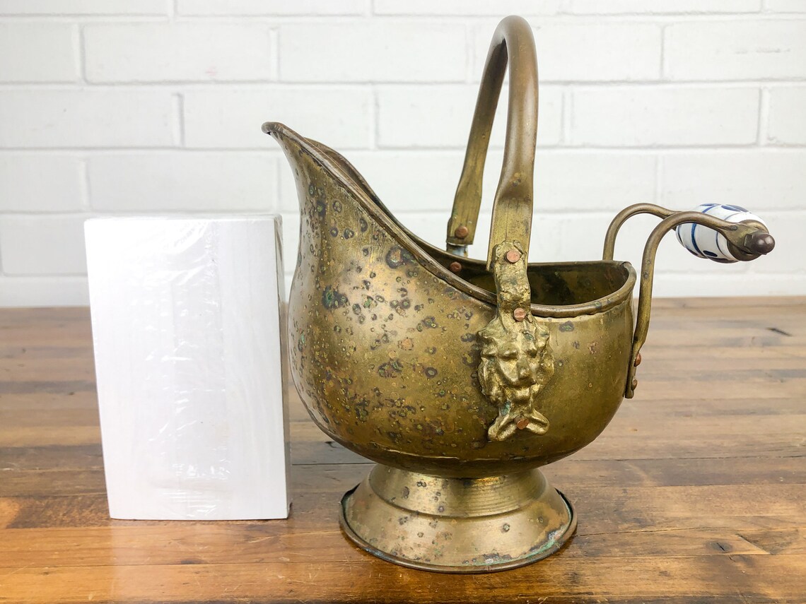 Small Brass Coal Bucket With Porcelain Handle Authentic Etsy