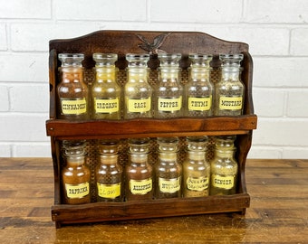 11x10" Vintage Brown Wood Wall Spice Rack with 12 Glass Apothecary Bottles 2 Shelves Wooden Spice Rack Herb Holder Holds Small Bottles