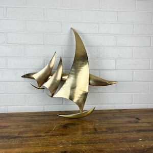 21x19" Signed Vintage Hanging Bijan Bahar Brass Sailing Ship Sculpture Wall Art Hanging Gold Nautical Wall Decor High End Wall Decor